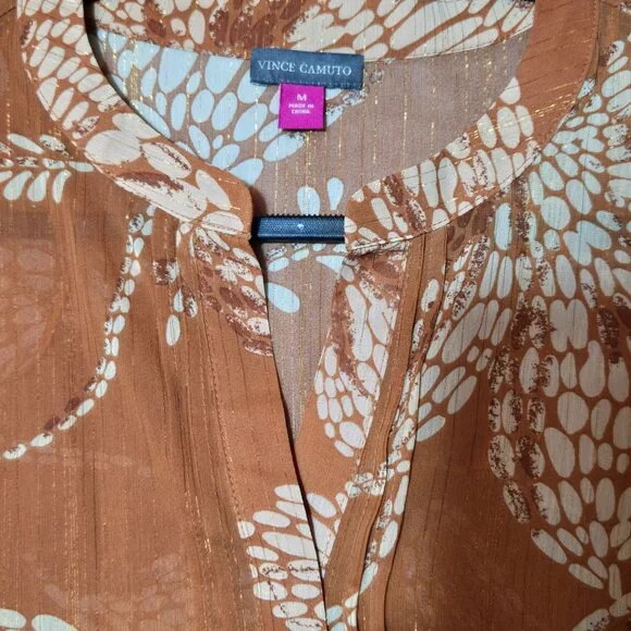 Vince Camuto Pintucked Ruffle Cuff Semi Sheer V-Neck Boho Blouse Orange Medium - Picture 8 of 12